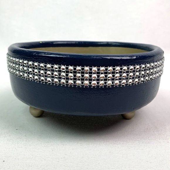 Wood Trinket Bowl Hand Painted Blue Metallic Silver Jeweled Repurposed Crafted - Picture 4 of 10